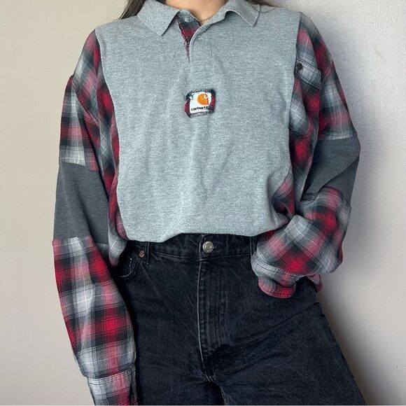 Reworked Carhartt Long Sleeve Relaxed Fit Western Country Cowgirl Flannel Shirt - Picture 1 of 5